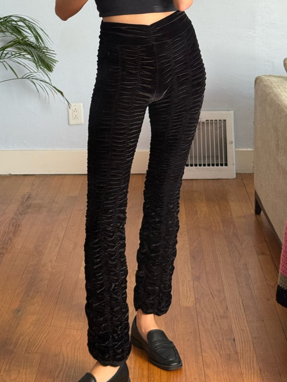Black Ruched Velvet Straight Leg High Waisted Pant